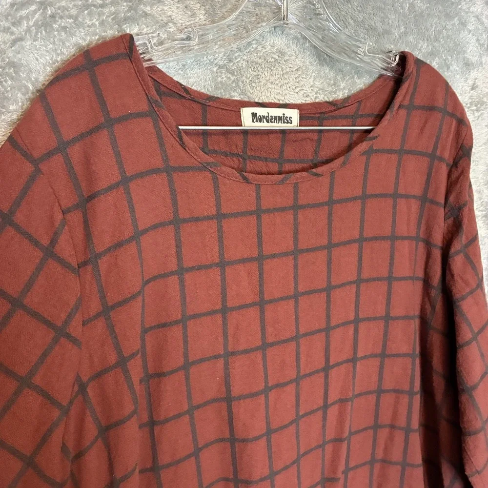 Womens Grid Plaid Midi Dress XL* Lagenlook Layered Artsy Mori Kei Earthy Neutral